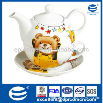 cute cartoon bear decal 3 pcs ceramic tea set for one service with tea pot, cup and saucer